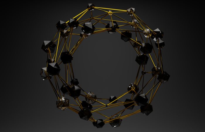 3D abstract geometric structure with gold lines and black polygons on a dark background.