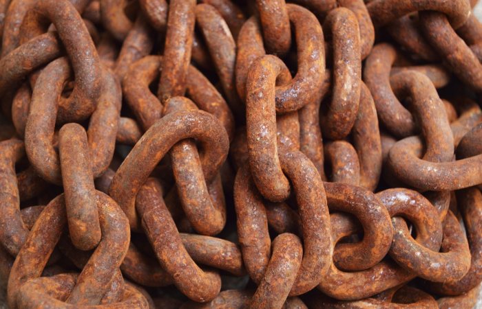 Detailed close-up of rusty metal chains, showcasing texture and pattern.