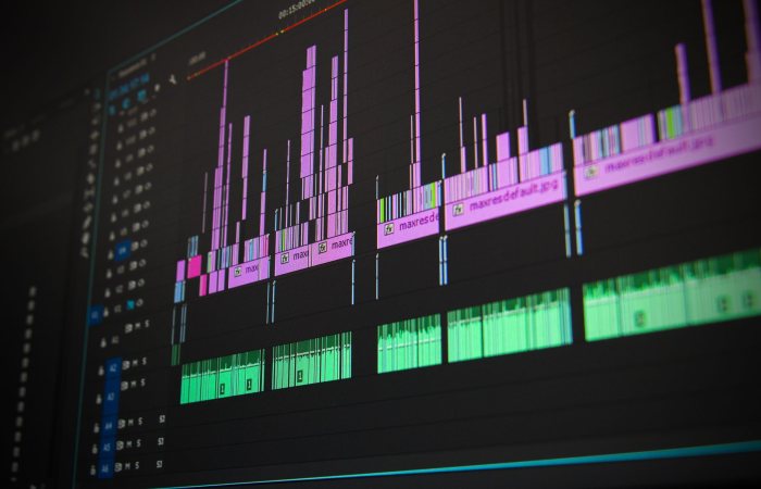 Close-up of a professional audio and video editing software interface with waveform displays.