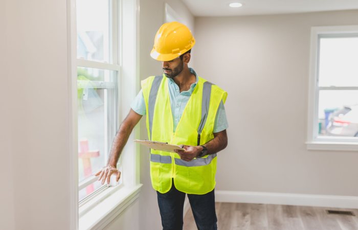 Real estate agent inspecting window indoors, wearing safety vest and hard hat, ensuring home safety.
